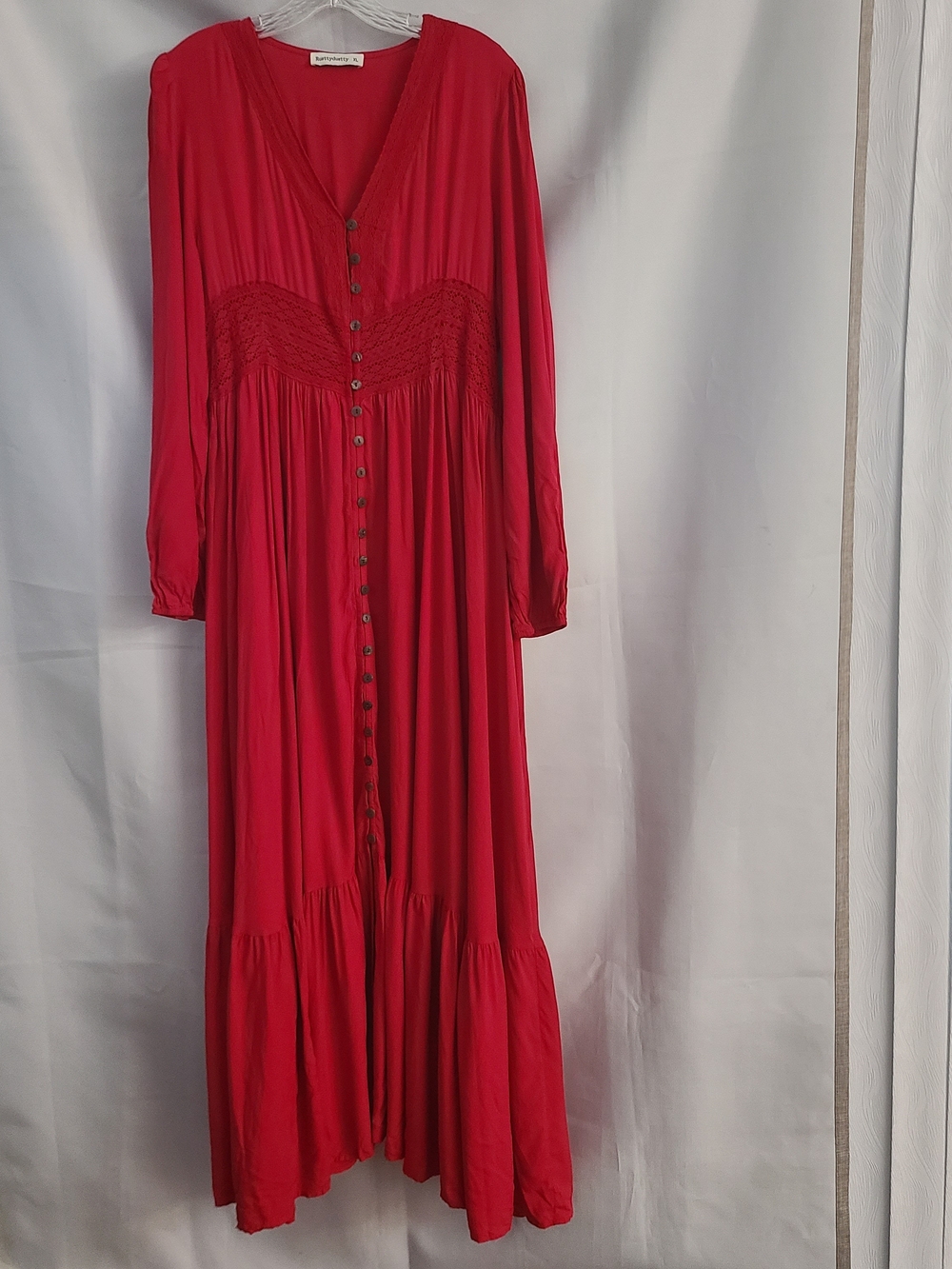Rusttydustty XL Red Flowy Crochet Waist Romantic Boho Button Front Maxi Dress